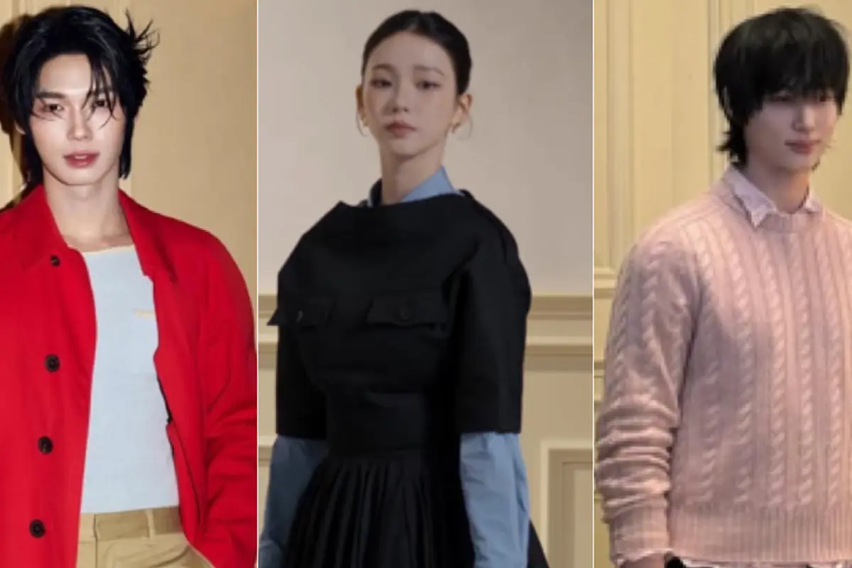 Win Metawin, Byeon Woo-Soek, dan Karina aespa saat di Prada Menswear FW26. [Instagram]