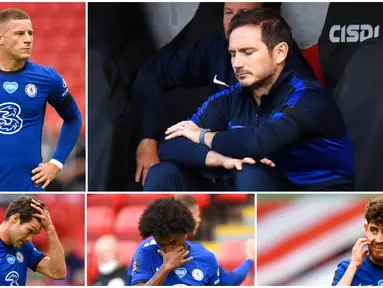 Para penggawa Chelsea tak mampu menutupi kekecewaan usai dikalahkan Sheffield United pada laga Premier League. The Blues takluk tiga gol tanpa balas.