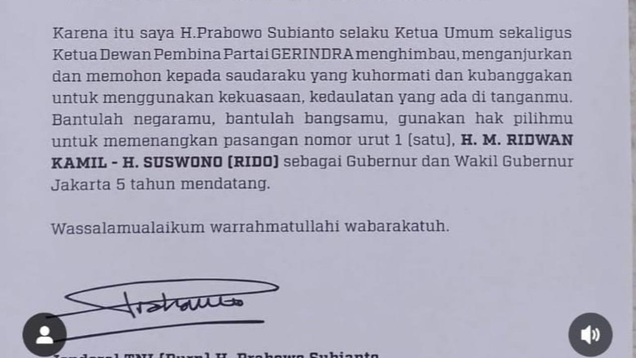 Surat Prabowo Dukung Ridwan Kamil