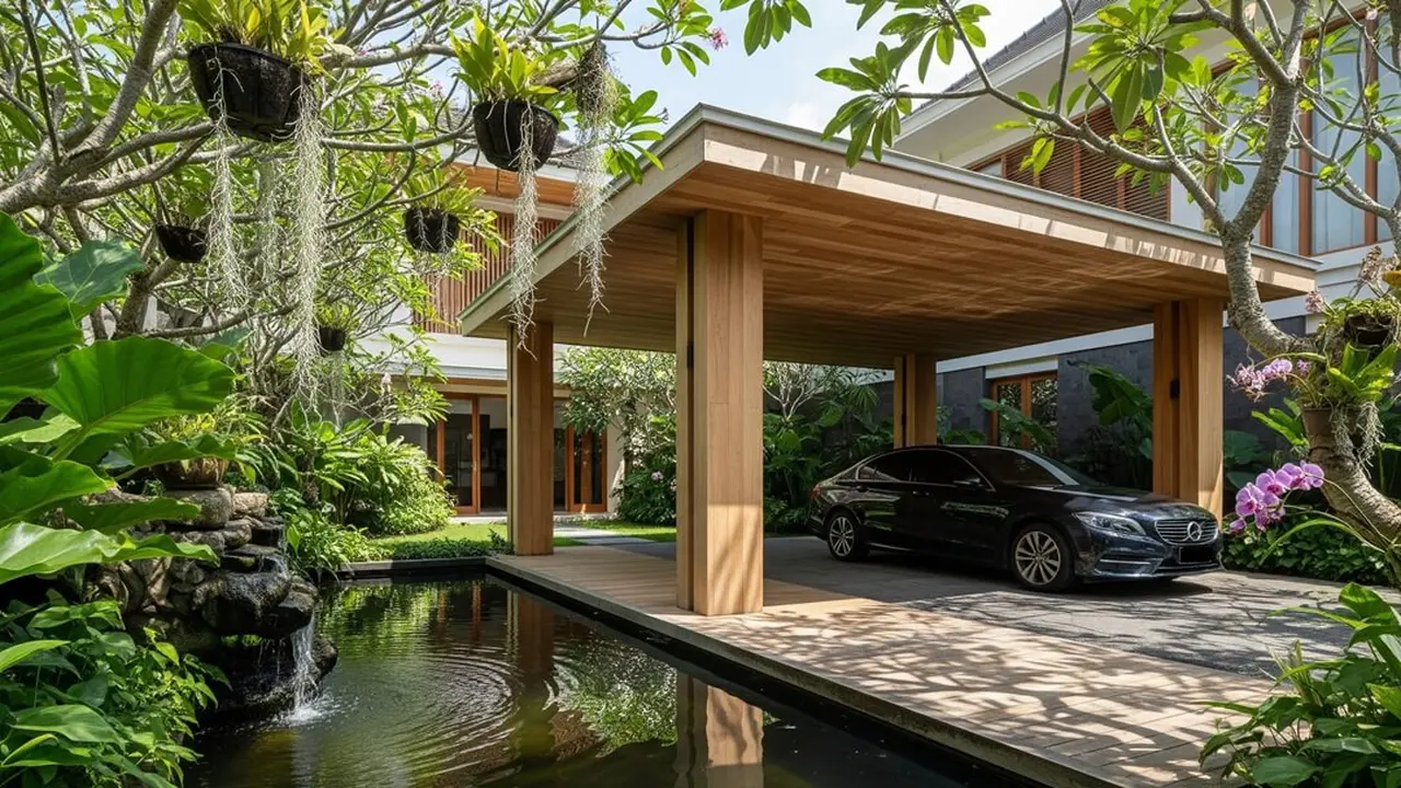 Carport Kayu Alami yang Menyatu dengan Taman Rumah