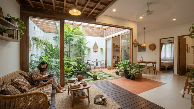 Rumah dengan Half Outdoor Living Room sebagai Tren Baru untuk Iklim Tropis Model Room dengan Halaman Dalam