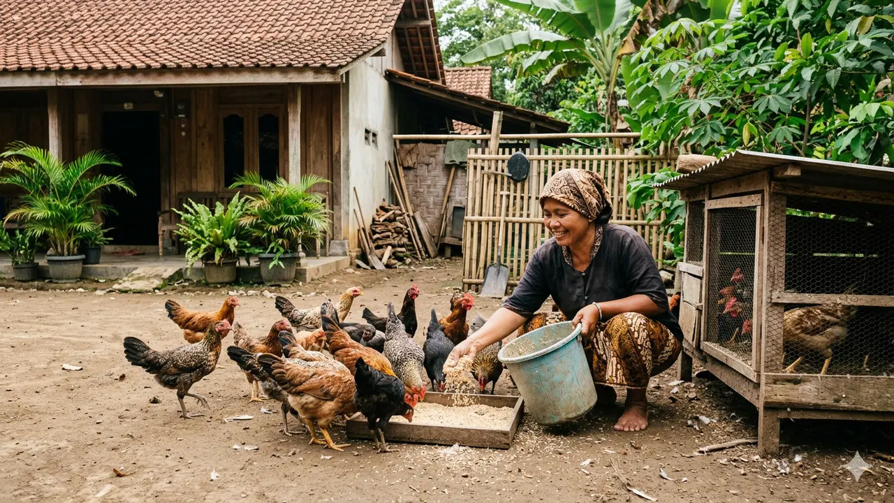 Memberi makan ayam dari nasi basi