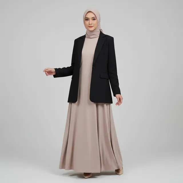 9 Model Gamis Jersey Sederhana dengan Outer Blazer, Inspirasi Gaya Modern