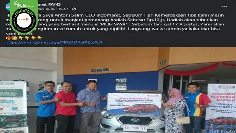 Gambar Tangkapan Layar Kabar Hoaks Indomaret Bagikan Uang Tunai Rp 13 Juta Rayakan HUT Kemerdekaan RI (sumber: Facebook).