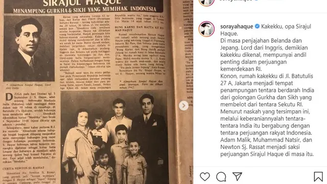 Unggahan Soraya Haque tentang sang kakek. (Instagram/ sorayahaque)