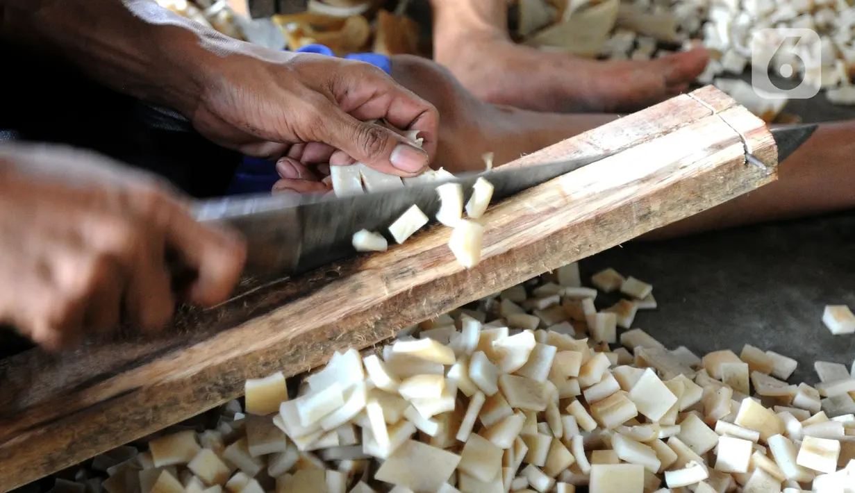 Pekerja memotong kulit sapi saat produksi kerupuk kulit di Pabrik Krupuk Kulit Bambang, Depok, Rabu (17/2/2021). Pemilik usaha tersebut menurunkan jumlah produksi kerupuk kulit mentah siap goreng dari 1 ton menjadi 500 kg per hari akibat pandemi COVID-19. (merdeka.com/Arie Basuki)