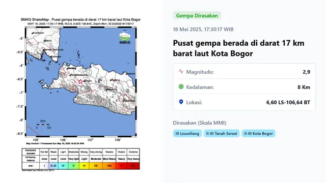Gempa hari ini pertama di akhir pekan, Minggu (18/5/2025) pukul 17:30:17 WIB terjadi di Kota Bogor, Provinsi Jawa Barat.