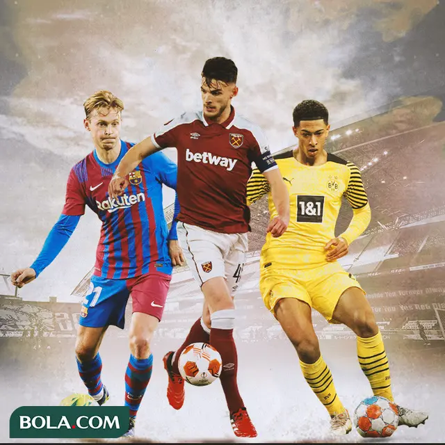 Ilustrasi - Frenkie de Jong, Declan Rice, Jude Bellingham