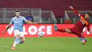 Pemain Lazio, Sergej Milinkovic-Savic, melepaskan tendangan saat melawan AS Roma pada laga Liga Italia di Stadion Olimpico, Roma, Minggu (16/5/2021). AS Roma menang dengan skor 2-0. (Fabrizio Corradetti/LaPresse via AP)