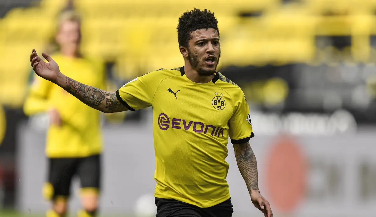 Jadon Sancho - Bintang Borussia Dortmund, Jadon Sancho, menjadi bidikan utama Manchester United pada musim panas nanti. Manchester United dikabarkan telah menawar Sancho seharga 50 juta euro ditambah sejumlah bonus. (AFP/Martin Meissner/pool)