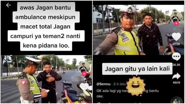 Tangkapan layar video viral polisi tilang pengendara motor yang mengawal mobil ambulans