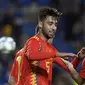 Para pemain Spanyol merayakan gol ke gawang Bosnia-Herzegovina pada laga persahabatan di Stadion de Gran Canaria, Las Palmas, Minggu (18/11/2018). (AFP/Lluis Gene)