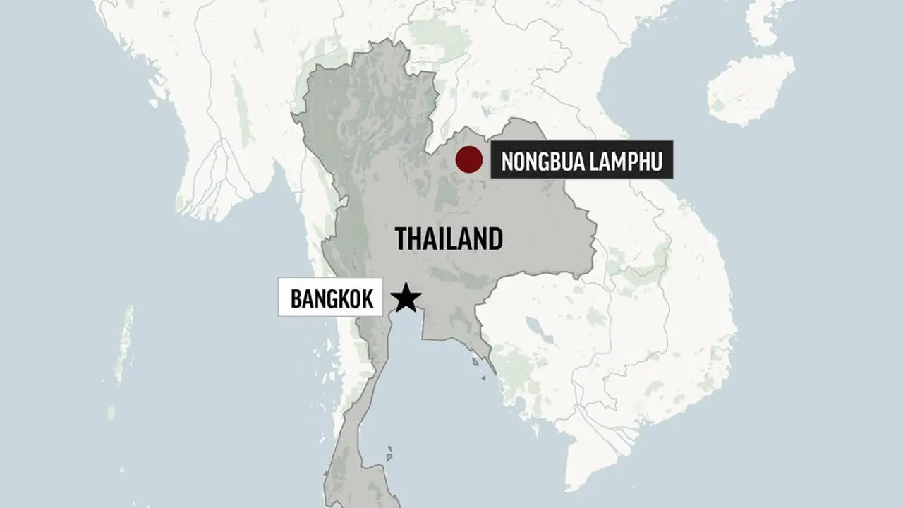 Peta Thailand yang menunjukan lokasi penembakan massal dan penikaman di penitipan anak. (AP)