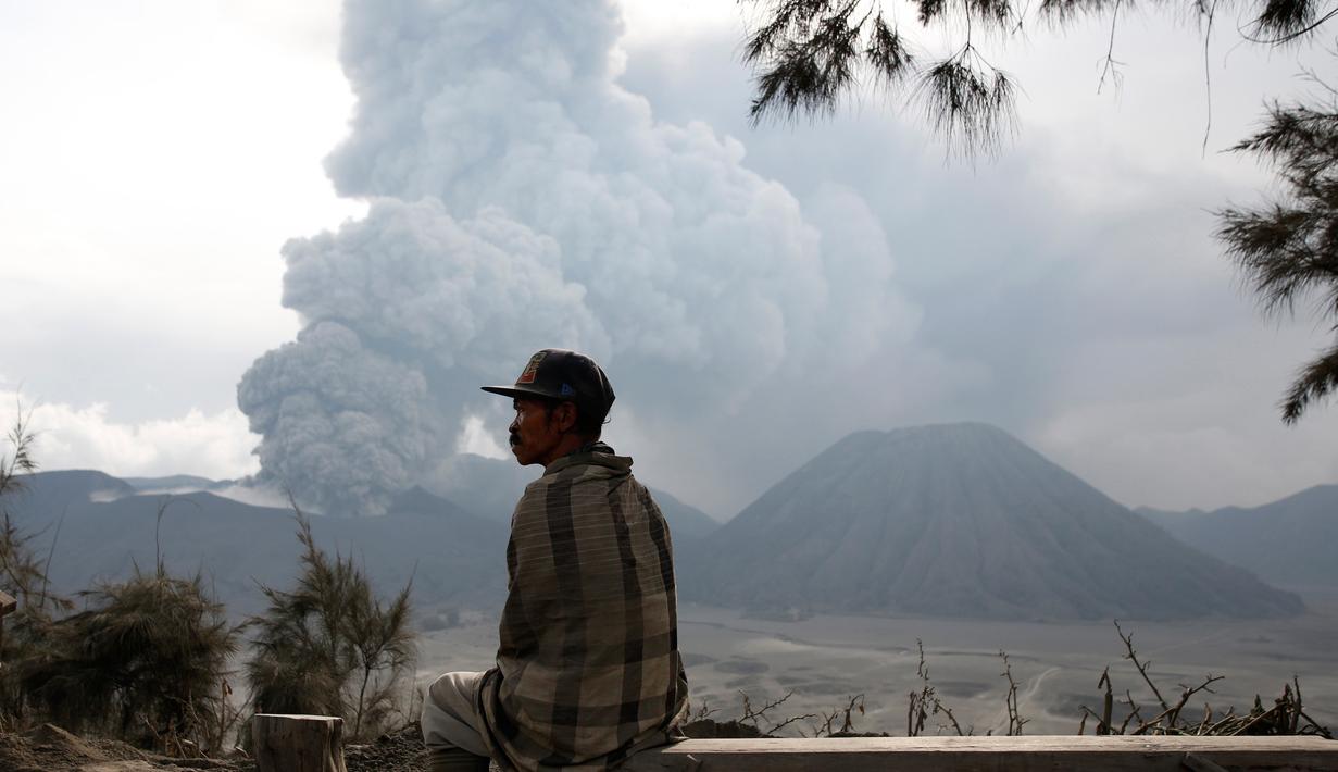 Seorang warga setempat duduk di bangku kayu sambil melihat Gunung Bromo yang sedang erupsi di Ngadisari, Probolinggo, Jawa Timur, Selasa (5/1/2016). (REUTERS/Darren Whiteside)