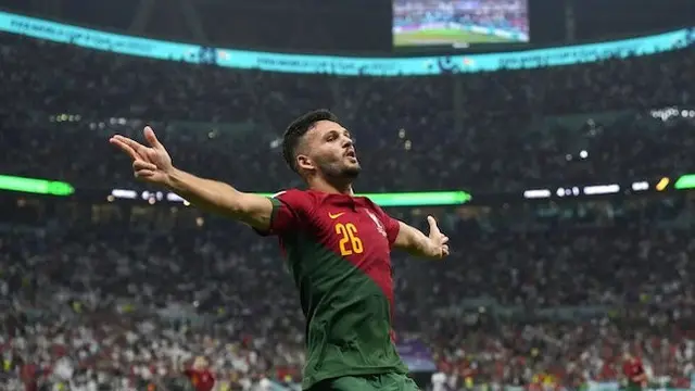 Piala Dunia 2022: Selebrasi Goncalo Ramos usai mencetak gol untuk Timnas Portugal (c) AP Photo/Alessandra Tarantino