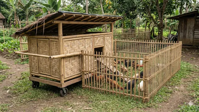 Kandang Ayam Umbaran dengan Pagar Bambu (Foto: Gemini AI)