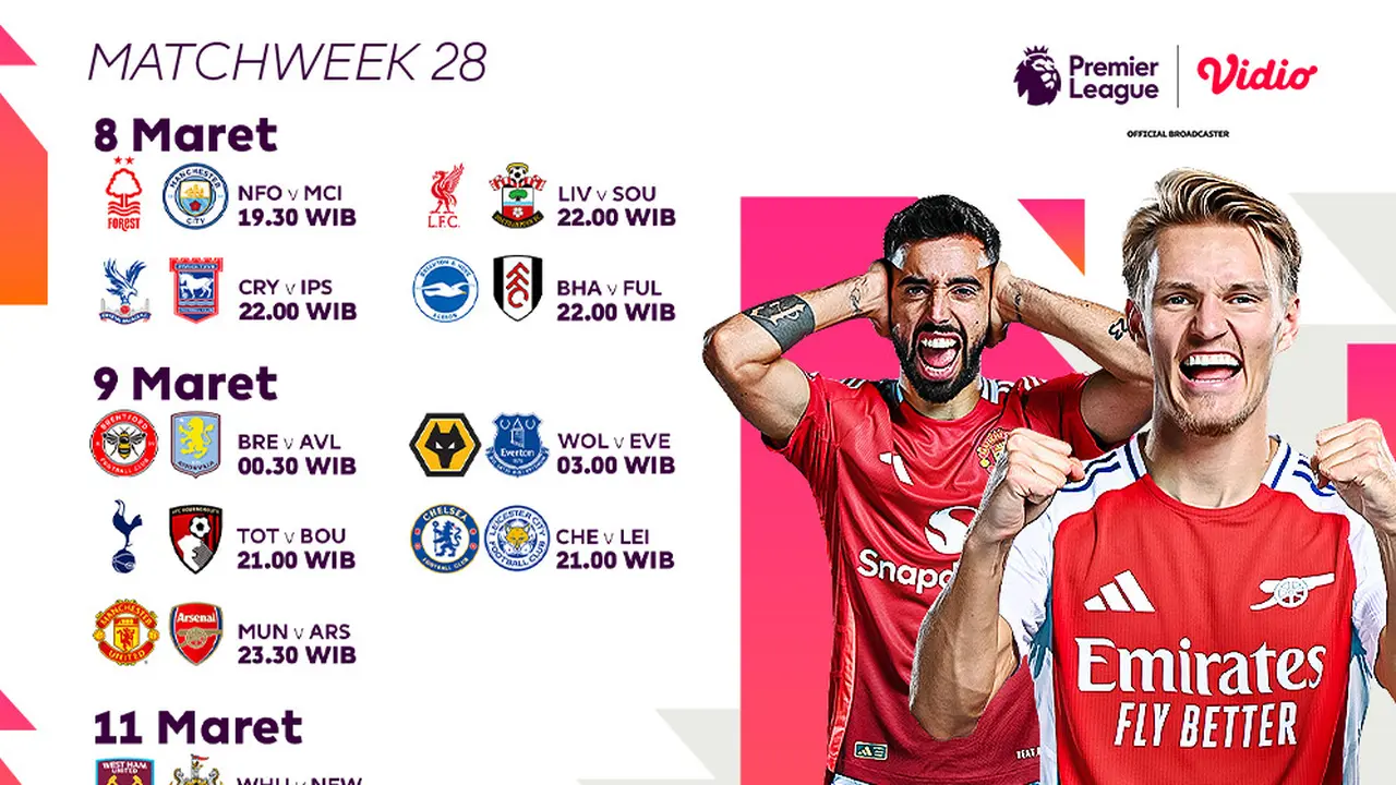 Jadwal Siaran Langsung Liga Inggris 2024/25 Matchweek ke 28 di Vidio