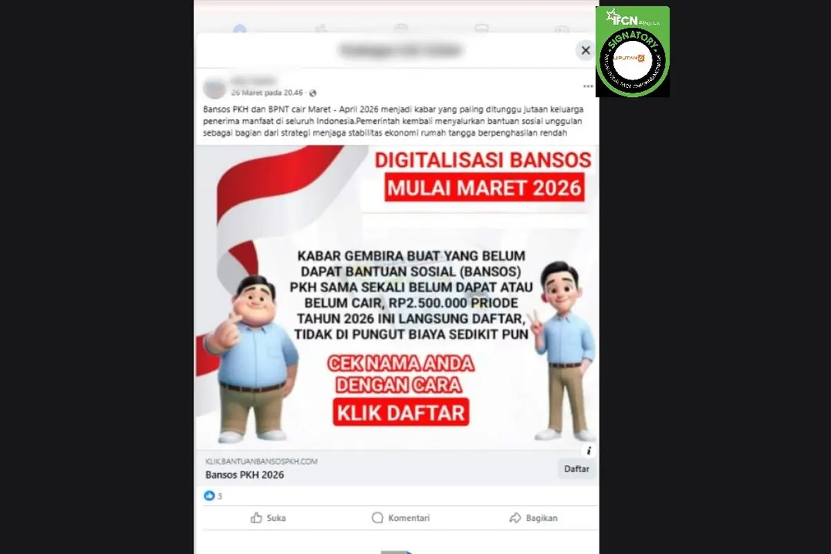 Cek Fakta Liputan6.com mendapati klaim link untuk mengecek status bansos PKH dan BPNT yang cair Maret-April 2026.