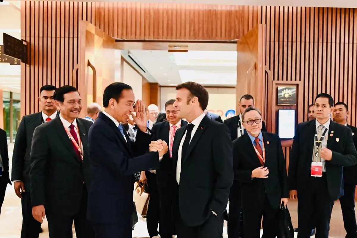 Presiden Jokowi dalam pertemuan bilateral dengan Presiden Republik Prancis Emmanuel Macron yang digelar di Bharat Mandapam, IECC, Pragati Maidan, New Delhi, India, pada Sabtu (9/9/2023). (BPMI Setpres/Laily Rachev)