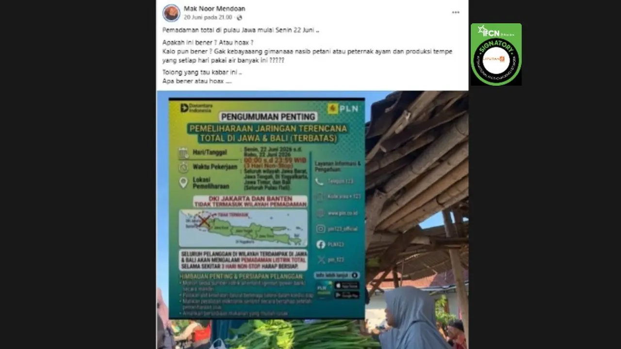 Cek Fakta Liputan6.com mendapati klaim pemadaman listrik total selama 3 hari di Jawa dan Bali mulai 22 Juni 2026