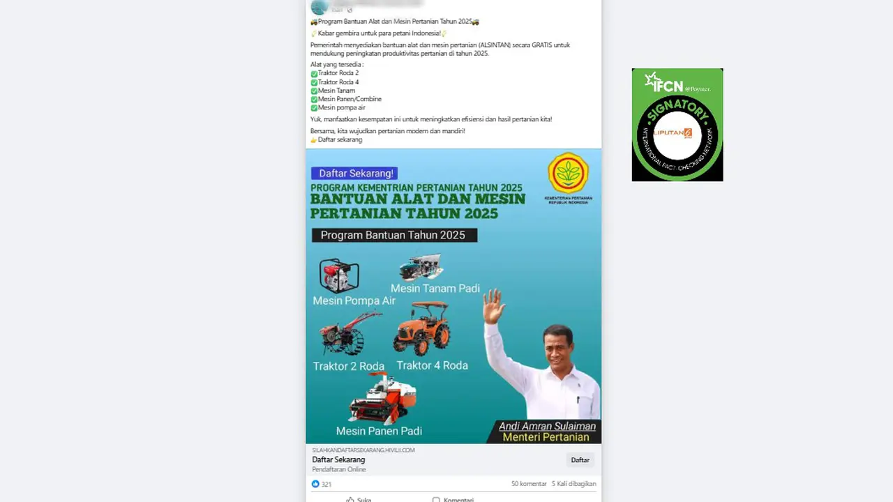 Tangkapan layar klaim link pendaftaran program bantuan alat dan mesin pertanian 2025.