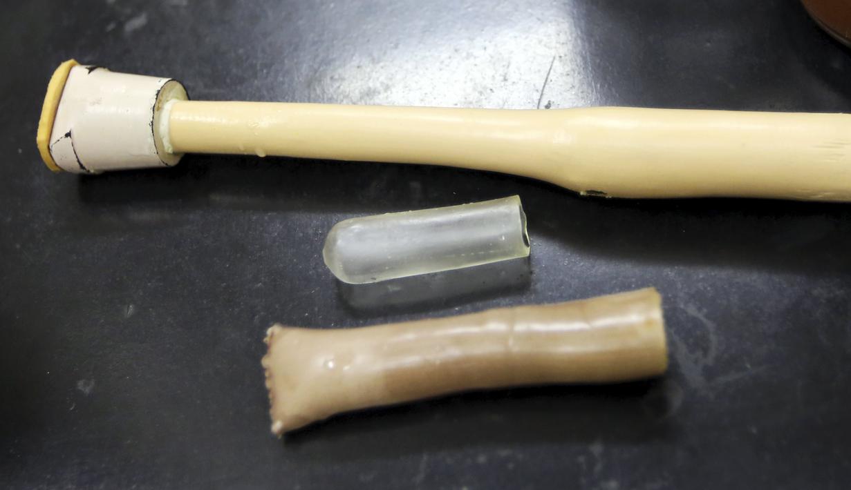 Kaki palsu disiapkan untuk menganti kaki flamengo yang patah di Kebun Binatang Sorocaba, Brasil, Rabu (1/7/2015). Flamingo Chile dipasangi kaki palsu karena bagian bawah kaki kirinya yang mengalami patah tulang telah diamputasi. (REUTERS/Paulo Whitaker)