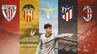 Ilustrasi - Kepa Arrizabalaga dikelilingi logo Athletic Bilbao, Valencia, Lazio, Atletico Madrid, dan AC Milan (Bola.com/Adreanus Titus)