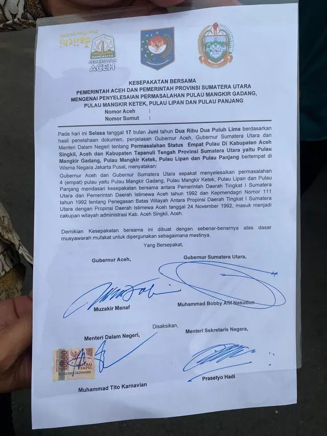 Isi kesepakatan Gubernur Aceh dan Gubernur Sumut soal sengketa empat Pulau.