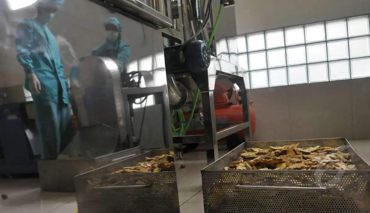 Proses pengeringan bahan jamu menggunakan mesin pemanas khusus, Jateng, Selasa (31/3/2015). Jamu dipercaya oleh masyarakat Indonesia secara turun temurun bisa mengobati berbagai macam penyakit.(Liputan6.com/Johan Tallo)