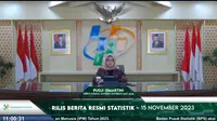 Deputi Bidang Statistik Distribusi dan Jasa BPS, Pudji Ismartini dalam konferensi pers, Rabu (15/11/2023). BPS mencatat neraca perdagnagan Indonesia Oktober 2023 mengalami surplus USD 3,48 miliar. (Tira/Liputan6.com)