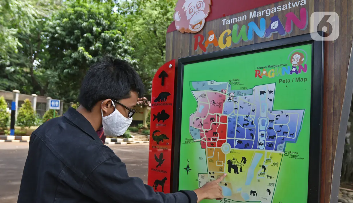 Pengunjung melihat denah Taman Margasatwa Ragunan (TMR), Jakarta Selatan, Sabtu (26/12/2020). Meskipun pandemi covid-19 masih terjadi, sejumlah warga tetap mengunjungi Ragunan di libur panjang Natal 2020 ini. (Liputan6.com/Herman Zakharia)