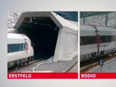 Gambar yang diambil dari video menunjukkan kereta memasuki ujung utara terowongan di Erstfield dan sisi selatan terowongan di Bodio, pada peresmian Gotthard Base Tunnel (GBT), terowongan sepanjang 57 kilometer di Swiss, Rabu (1/6). (REUTERS/SRG/Pool)