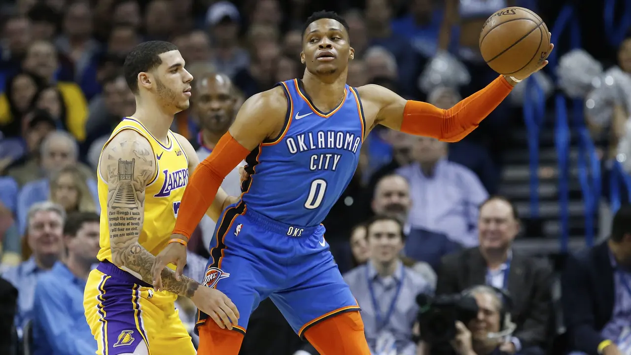 Lonzo Ball menjaga Russell Westbrook