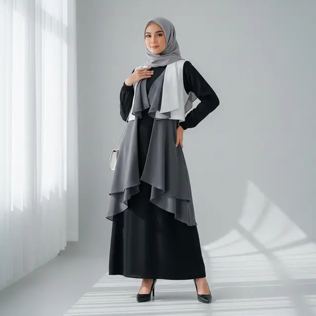 Model Gamis Rompi Lepas Pendek dengan Aksen Layer