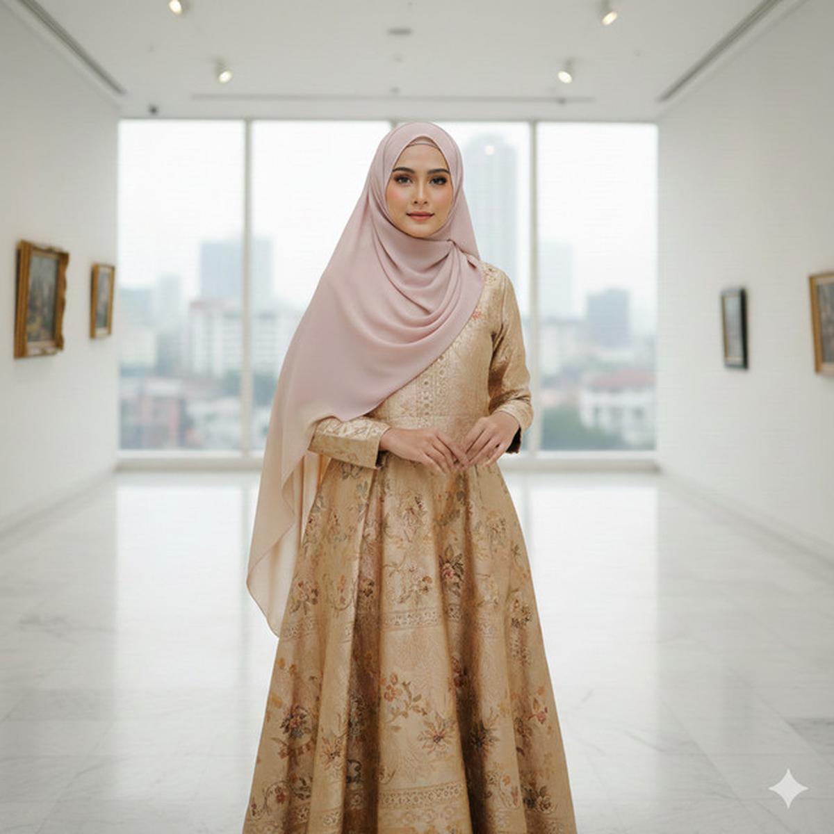 Gamis Batik Brokat Warna Champagne Cocok dengan Kerudung Apa? Ini 7 Rekomendasinya yang Elegan