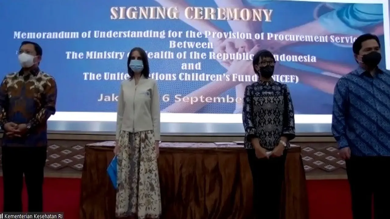 Kegiatan penanda tanganan Memorandium of Understanding (Nota Kesepahaman) Provision of Procurement Services antara UNICEF dan Kementerian Kesehatan pada Rabu (16/9/2020) (Tangkapan Layar Konferensi Pers via Zoom)