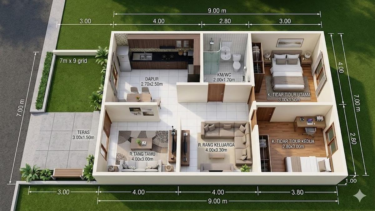 7 Denah Rumah 7x9 Meter di Desa dengan 2 Kamar, Desain Sederhana yang Bikin Nyaman