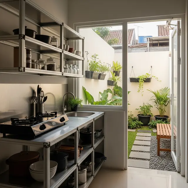 9 Desain Dapur Kecil Baja Ringan di Sudut Belakang Rumah, Fungsional dan Estetis