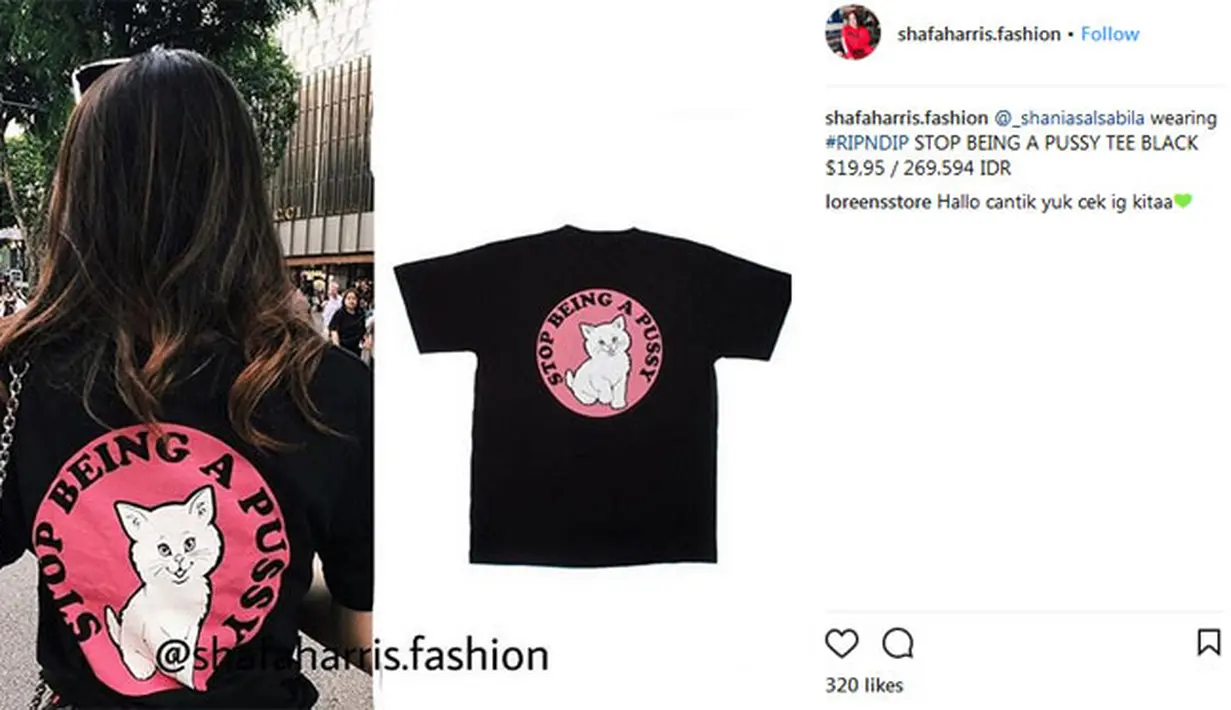 Tidak selalu seksi, Shafa pun juga mengoleksi kaus untuk penampilannya sehari-hari. T-shirt berwarna hitam dan bergambar kucing menjadi salah satu koleksi Shafa yang harganya Rp.269.594. (Instagram/shafaharris.fashion)