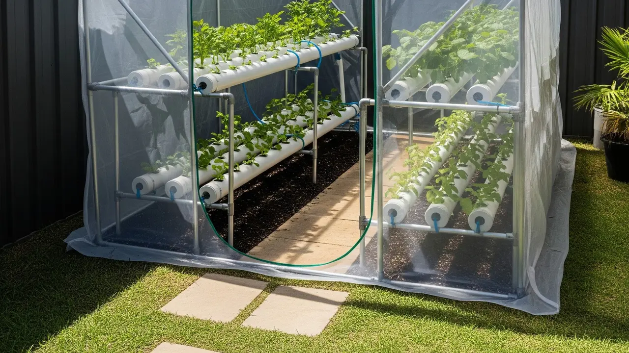 Model Halaman Belakang Rumah Kecil dengan Kebun Hidroponik Modern (Image by Gemini AI)