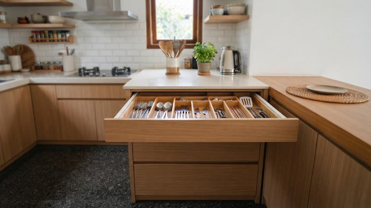 Tempat penyimpanan dapur minimalis modern yang cocok untuk rumah tipe kecil model laci dapur untuk alat makan