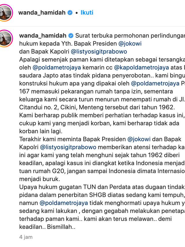 Unggahan Wanda Hamidah minta perlindungan hukum kepada Jokowi dan Kapolri Listy Sigit Prabowo. (Foto: Dok. Instagram @wanda_hamidah)