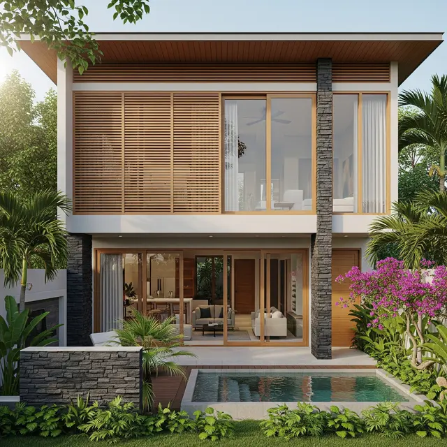 Desain Rumah Kecil 8x15 m dengan Konsep Tropis Modern yang Asri (Image by Gemini AI)