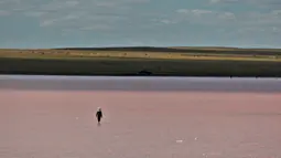 Foto yang diabadikan pada 20 Juni 2020 ini menunjukkan pemandangan Danau Kobeituz di Kawasan Akmola, Kazakhstan utara. Danau Kobeituz terkenal dengan warna merah mudanya dan populer di kalangan wisatawan lokal. (Xinhua/Kalizhan Ospanov)