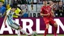 Pemain Argentina Julian Alvarez   mencetak gol kedua timnya selama pertandingan perempat final Piala Dunia antara Argentina dan Swiss di Kansas City, Mo., Sabtu, 11 Juli 2026. (AP Photo/Ashley Landis)