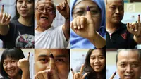 Kolase foto warga saat menunjukkan jari bertinta usai menggunakan hak pilih pada Pemilu 2019 di Jakarta, Rabu (17/4). Pemilu 2019 digelar serentak untuk memilih presiden dan wakil presiden, DPR, DPD, DPRD Provinsi serta DPRD Kabupaten/Kota. (Liputan6.com/JohanTallo)