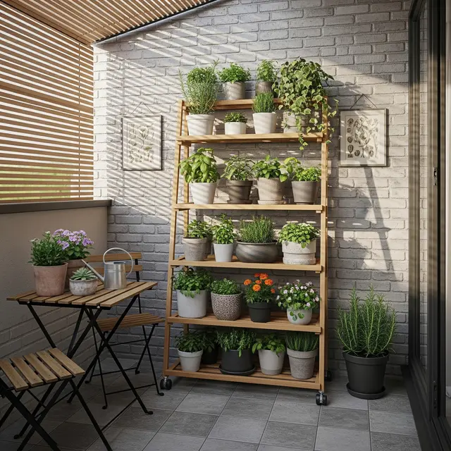 Desain Teras Sempit 2x2 Meter Jadi Kebun Mini Pakai Pot Bertingkat (AI)