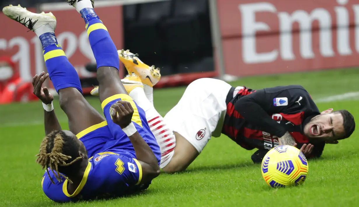 Pemain AC Milan Theo Hernandez (kanan) berebut bola dengan pemain Parma Yann Karamoh pada pertandingan Serie A di Stadion San Siro, Milan, Italia, Minggu (13/12/2020). AC Milan masih puncaki klasemen usai bermain imbang 2-2 lawan Parma. (AP Photo/Luca Bruno)