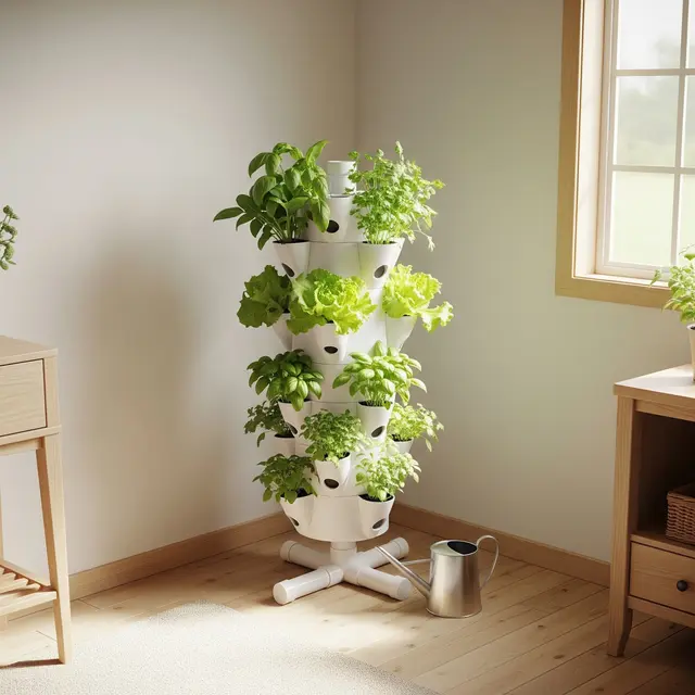 Desain Kebun Sayur Tower Garden dari Pipa Paralon (AI)