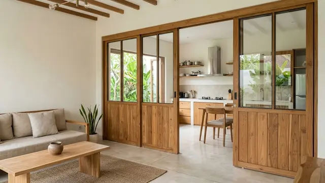 Pintu Geser Panel Kayu dan Kaca